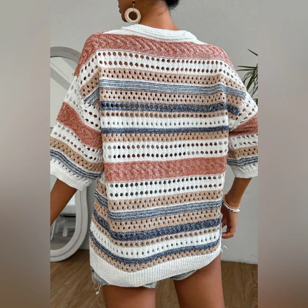 Monroe- striped hollow out half sleeve knitted sweater - Picture 2 of 3